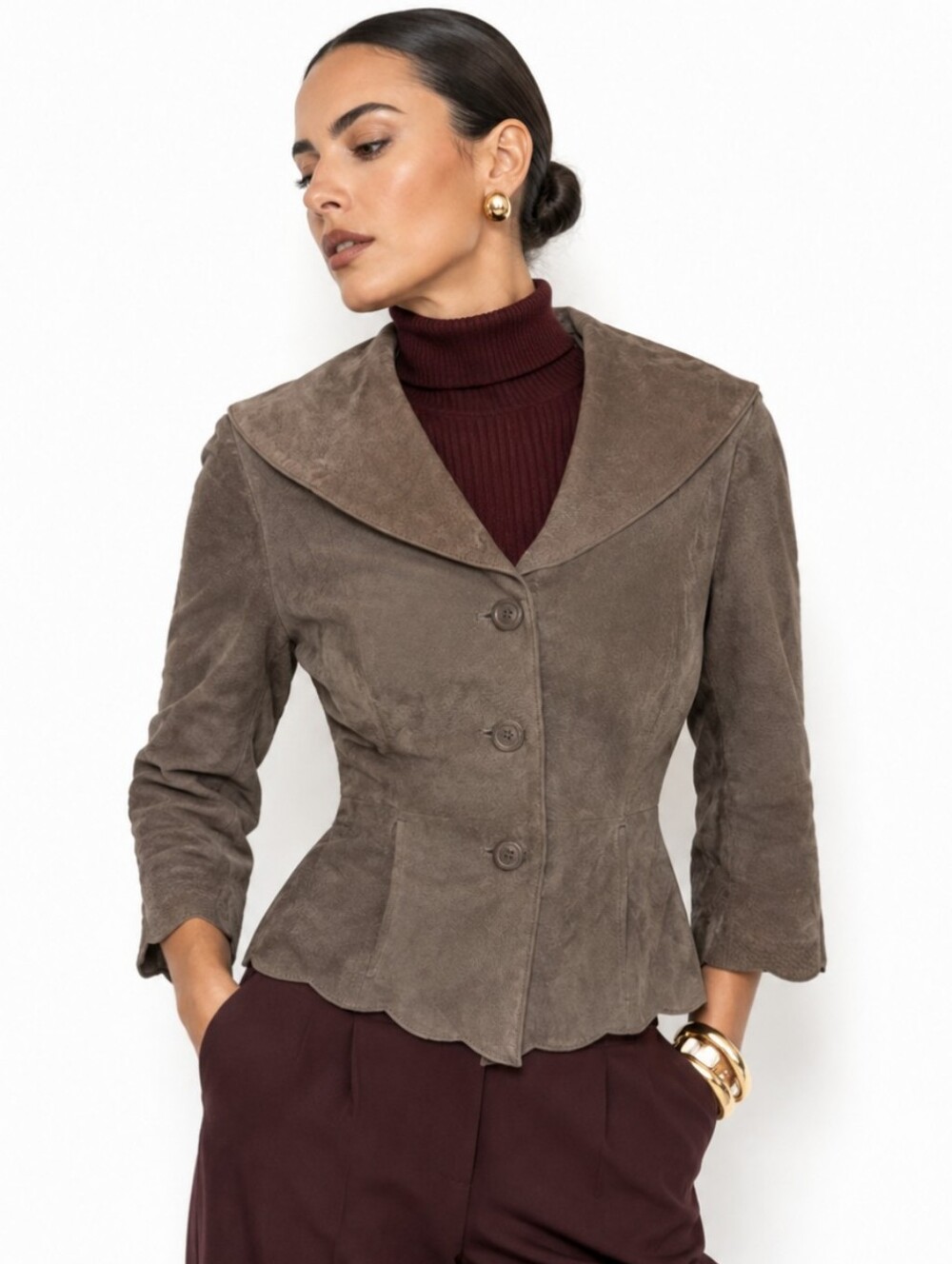 Y2K Mocha Mousse Scalloped Suede Leather Button-Front Jacket 3/4 Sleeves Sz S